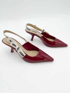 Christian Dior J'Adior Burgundy Patent Leather Slingback Kitten Heel Pumps EU 38